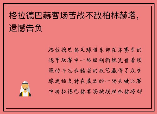 格拉德巴赫客场苦战不敌柏林赫塔，遗憾告负