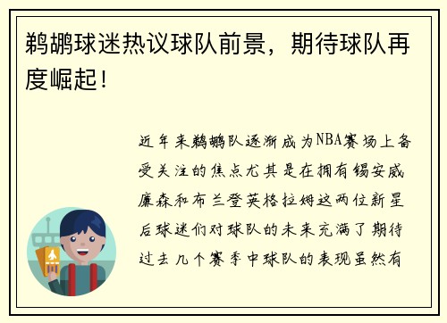 鹈鹕球迷热议球队前景，期待球队再度崛起！
