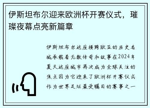 伊斯坦布尔迎来欧洲杯开赛仪式，璀璨夜幕点亮新篇章