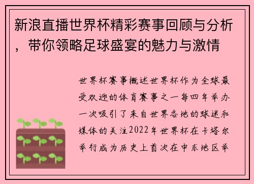 新浪直播世界杯精彩赛事回顾与分析，带你领略足球盛宴的魅力与激情